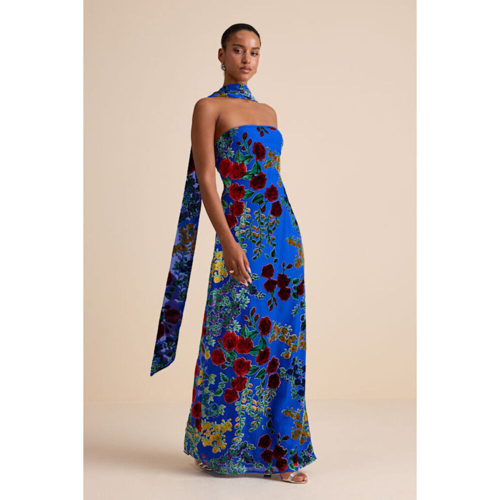 Lulus Corelia Blue Floral Velvet Burnout Strapless Sash Maxi Dress - Size S
